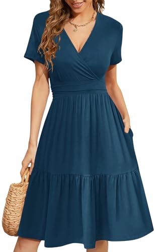 Image of Women's Casual Summer Dress V Neck Short Sleeve Flowy Stretchy Comfort Fit for Daily Wear Work Midi Dresses