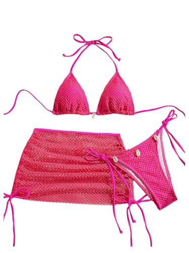 SHENHE Women's 3 Piece Bikini Set Shell Decor Halter Bra and Bottom with Cover Up Skirt