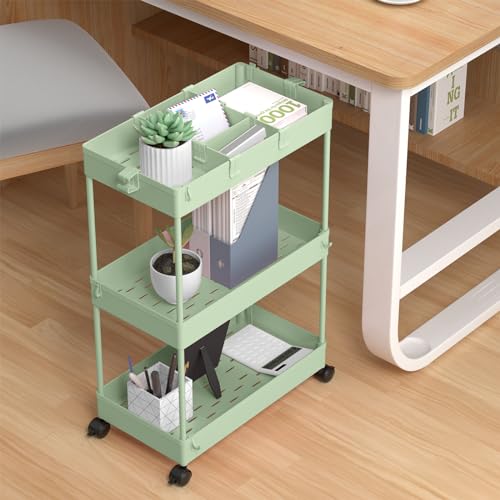 Image of SPACELEAD 3 Tier Rolling Cart with Wheels, Storage Craft Art Trolley Organizer Serving, 3 Hanging Baskets Easy Assembly, for Office, Living Room, Kitchen, Green