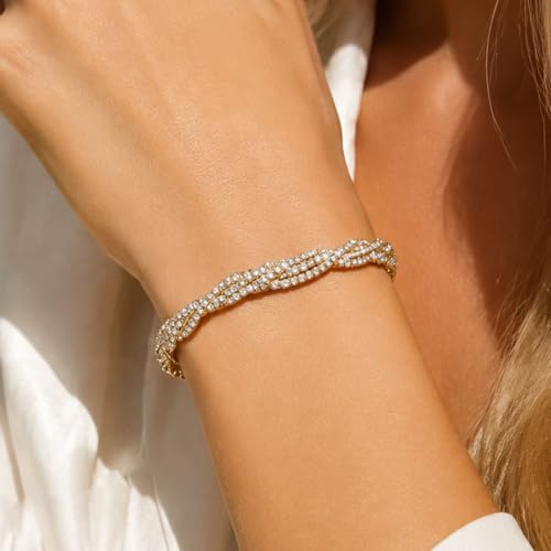 Image of Floruvia Gold Crystal Stretch Bracelet, Twisted Crystal Bracelet for Women, Sparkling Bridal Jewellery for Wedding Prom Party (Gold)