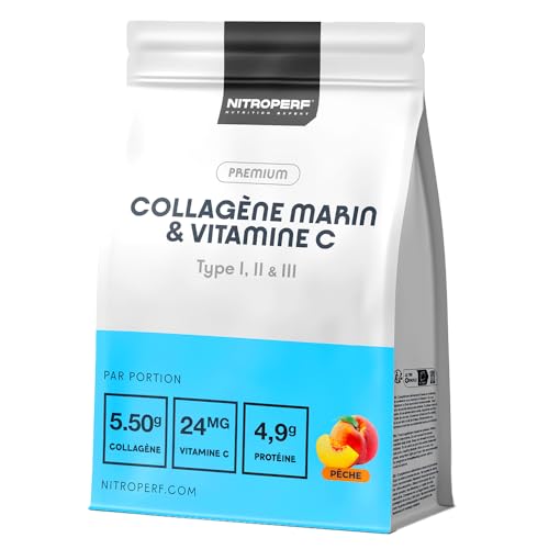 NITROPERF Collagène Marin Types 1 2 3 + Vitamine C 5,5g Collagène Hydrolysé, 4,9g Protéines, 24mg Vit C - Peau, Articulations & Cheveux -180gr en poudre Goût Pêche