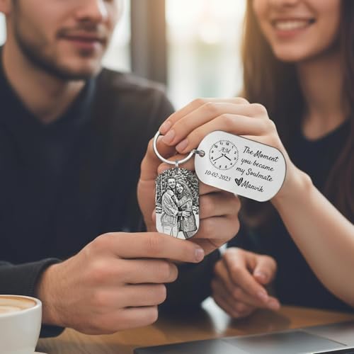 Image of Stainless Steel Couple Key Chain With Custom Photo Engraving Gift For Partners Customize Keychain Anniversary For Couples Husband Wife Wedding Birthday Valentine's Day Precious Love