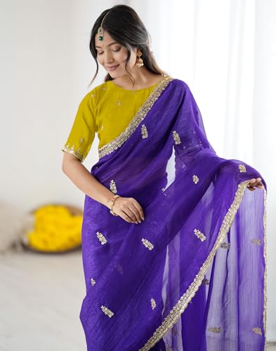Image of SIRIL Women's Tissue Silk Scalloped Border Embroidery Saree with Unstitched Blouse Piece