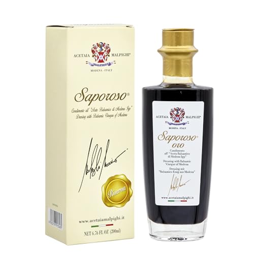 Acetaia Malpighi – Condimento al Vinagre Balsámico de Módena IGP Saporoso Sigillo Oro – 200 ml – Afinado 8 Años en Barricas de Roble – Sin Caramelo