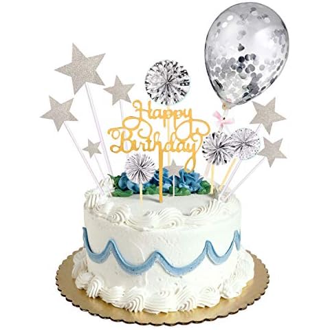 Cake Decorations Birthday,Happy Birthday Cake Topper,Paper Fans Confetti Balloon Acrylic Cupcake Cake Topper, for Birthday Cake Decoration For Any Age Cover
