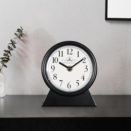 QIYAODECO Vintage Desk Clock - Classic Silent Non-Ticking Table Clock with Distressed Metal Frame for Office, Bedroom and Home Decoration, Black