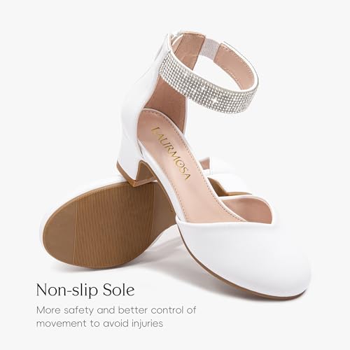 LAURMOSA Flower Girl Shoes Girls Dress Shoes for Girls White High Heels for Kids Rhinestone Heels Size 2 Closed Toe Ankle Strap Chunky Big Kids Wedding Party Church First Communion (L1053PULWhite 2)