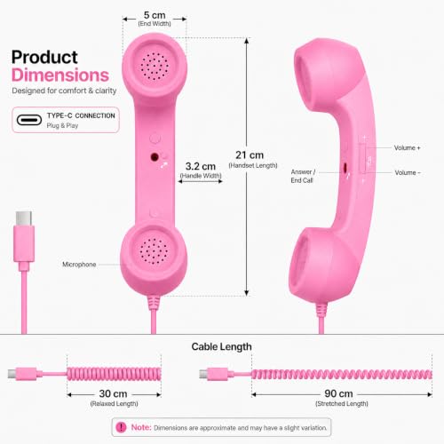 Image of Street27 Retro Phone Handset Compatible with Type-C Smartphones, Tablets & Computers, Corded Telephone Receiver with Noise Reduction, Volume Control & Answer Button for Calls and Meetings (Pink)