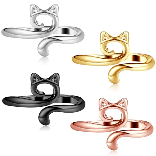 Amaxiu 4 Pezzi Anelli di Tensione all'Uncinetto, Modello Gatto Anello di Filato Anello per Maglieria Anello Aperto Guida per Dito Porta Ditale Regolatore di Maglia per Tessitura per Madre