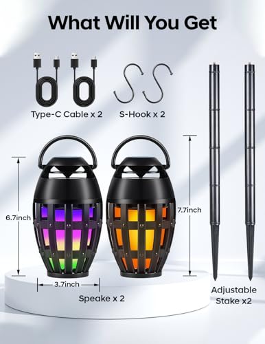 Outdoor Bluetooth Speakers with LED Flame Effect & Color Changing, IPX6 Waterproof, Bluetooth 5.3, USB Charging, Gifts for Men/Women, Torch Atmosphere Speaker for Patio/Garden/Party/Camping(2 Pack) - image 8