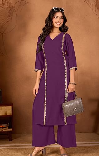 Image of Women Straight-Cut Kurta Pant Set with Subtle Golden Lace Embellishment | Elegant Ethnic Wear for Festive, Office & Casual Use