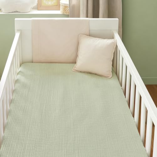 Image of Organic Baby Crib Sheets 52x28 Inches 2 Pack 100% Muslin Cotton Soft Boho Toddler Fitted Crib Bed Mattress Sheet for Baby Girls Fits Standard Size Crib Mattress 28x52 Inches Blossom & Grass Green