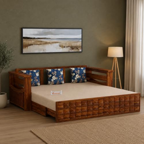 Image of Ganpati Arts Solid Sheesham Wood 3 Seater Diamond Sofa Cum Bed with Side Pocket for Living Room Bedroom Wooden Bedroom Furniture for Home 1 Year Warranty (Natural Finish)
