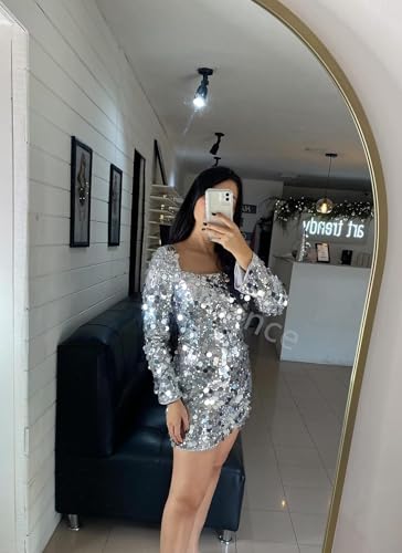 Homecoming Dresses for Teens Short Mini Square Neck Glitter Sequin Cocktail Party Dress Long Sleeve Backless3