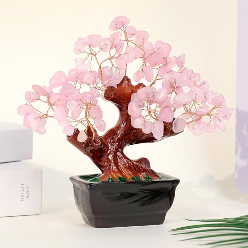 Parma77 Feng Shui Natural Rose Pink Quartz Crystal Money Tree, Healing Crystal Trees Bonsai Style Decoration for Wealth and Luck for Home Decor, Gifts for Women