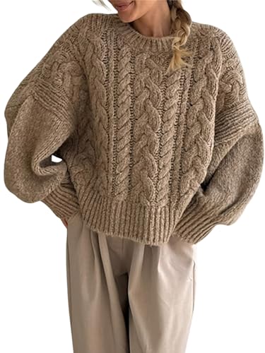 Sunloudy Chunky Knit Sweaters for Women Long Sleeve Crewneck Cable Oversized Pullover Sweater Outerwear