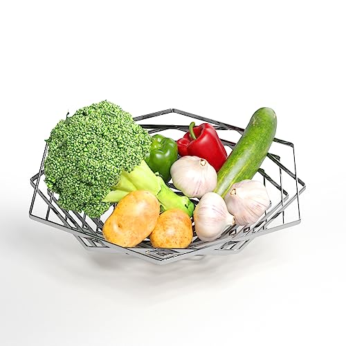 Buruis Large Fruit Bowl, Modern Regular Hexagon Design Fruit Container, Creative Metal Fruit Basket, Candy Dish For Kitchen Countertop Dining Room, Decorative Display Stand (Silver) #TOP2