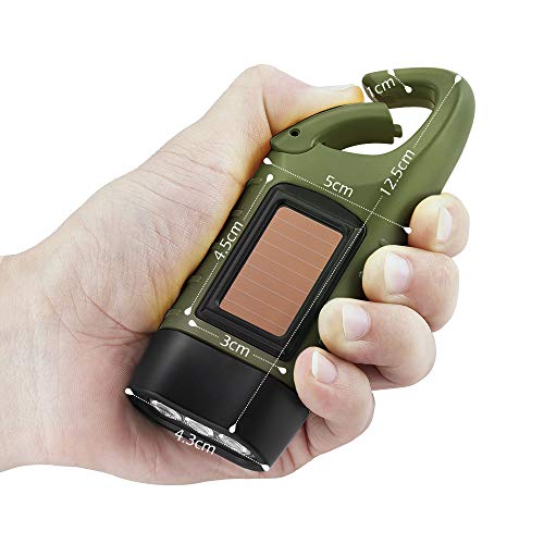 GeeRic 2-Pack Hand Crank Solar Powered LED Flashlight, Emergency Survival Flashlight with Carabiner for Outdoor Sports, Army Green+Black