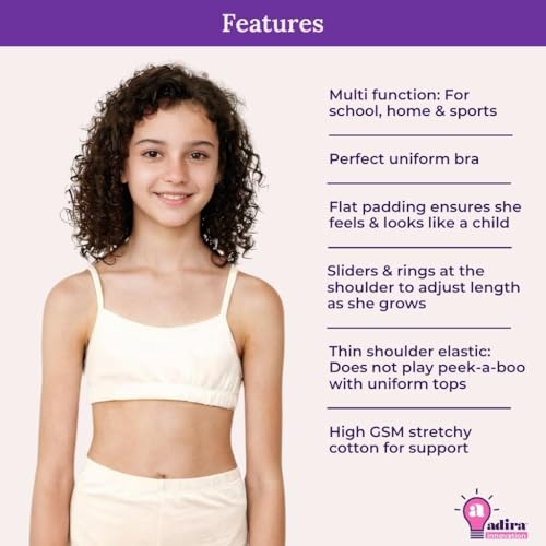Adira | Starter Bra for Girls 13-14 Years | Flat Padding for Nipple Coverage | Comfortable Strecthy Cotton | Comfy-Breathable Beginners Bra & Super Soft Material | Pack of 2