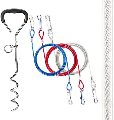 2 X 1.5m REFLECTIVE Dog Chains for Outside Tie Out Cable for Dogs Tether Steel Spiral Heavy Duty Ground Spike Stake (45cm) Dog Tether Outdoor Dog Camping Accessories Dog Lead Hook (Blue, Reflective)