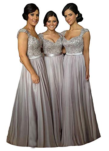 Fanciest Women' Cap Sleeve Lace Bridesmaid Dresses Long Wedding Party Gowns Silver US16