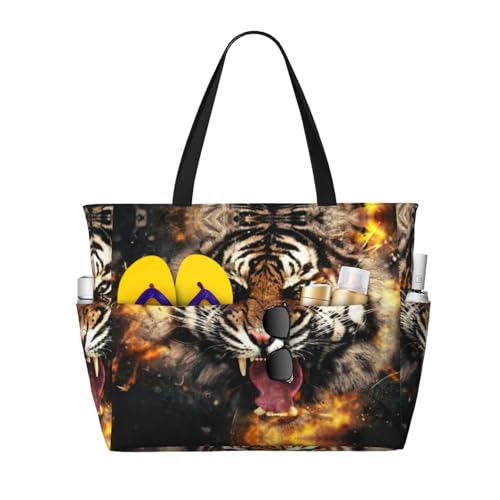 Sac fourre-tout imprimé tigre rugissant grand format | Sac à hand décontracté noir femme