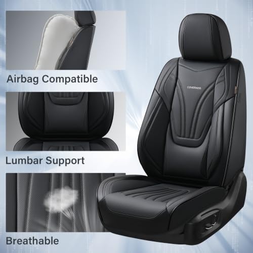 Image of Coverado Car Seat Covers Full Set, 5 Piece Car Seat Protector with Lumbar Support & Removable Headrest, Breathable Leather Front Rear Seat Cushion Universal Fit for Truck Automotive Black