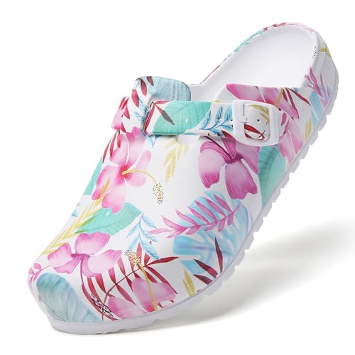 Image of Eliogn Women's Garden Clogs with Print, Waterproof Slip Resistant Work Clogs, Lightweight EVA Slip-On Mules, Cushioned Comfortable Shoes for Nurse, Chef, Kitchen, Beach