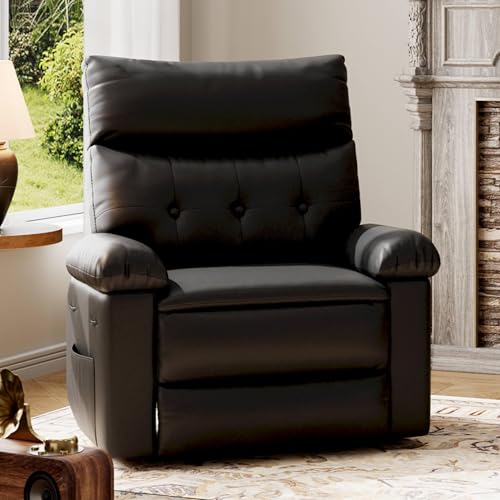 Image of GarveeHome Leather Manual Recliner Chair for Adults - Heat and Massage | Lazy Recliner, Reclining Chair with Side Pocket, Soft Pillow, Single Sofa for Living Room & Bedroom