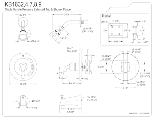 Kingston Brass KB1632 Grifería para bañera y ducha con manija de palanca simple, acabado latón pulido, alcance de pico de 5 pulgadas miniatura 2