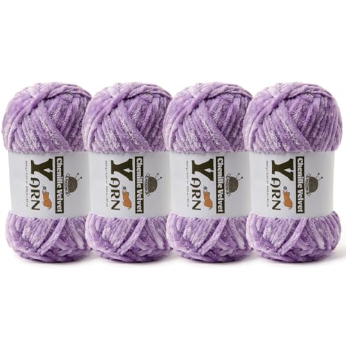 Image of 4 Pack Plush Chenille Chunky Yarn - Fluffy Velvet Yarn Crochet for Blanket Knitting and Crocheting - Soft Baby Yarns for Crocheting - Amigurumi Crochet Yarns 100g (87yds) (4 Pale Purple)
