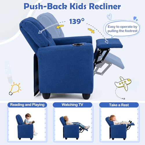 Image of Kids Recliner, Toddler Lounge Chair w /Cup Holder, Wide Armrest, Kids Sofa w /Adjustable Footrest, Comfy Toddler Recliner Chair for for Boys & Girls 3 + (Fabric, Blue)