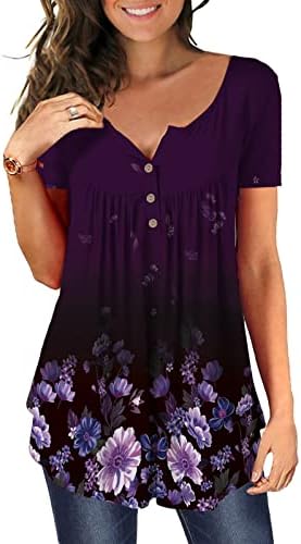 MAYAMANG Women's Floral Tunic Tops Casual Blouse V Neck Short Sleeve Buttons Up T-Shirts (Purple, 2XL)