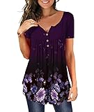 MAYAMANG Women's Floral Tunic Tops Casual Blouse V Neck Short Sleeve Buttons Up T-Shirts (Purple, 2X