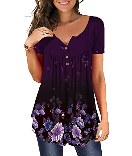 Mayamang Women's Floral Tunic Tops Casual Blouse V Neck Short Sleeve Buttons Up T-Shirts (Purple, 2Xl) #TOP13