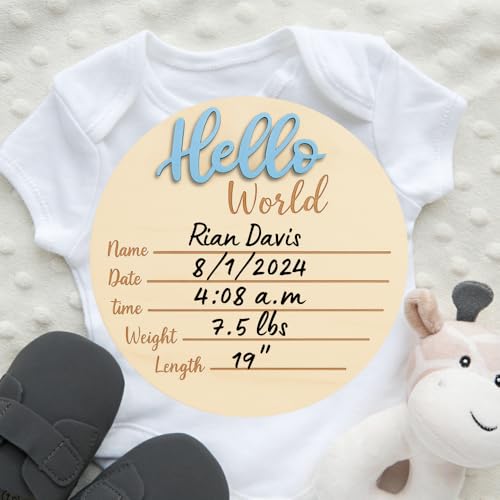 Baby Announcement Sign – 6” Wooden Hello World Newborn Name Sign, Hospital Birth Stat Plaque, Gender-Neutral Welcome Baby Keepsake, Personalized Photo Prop for Boys & Girls, Newborn Gift (Blue)