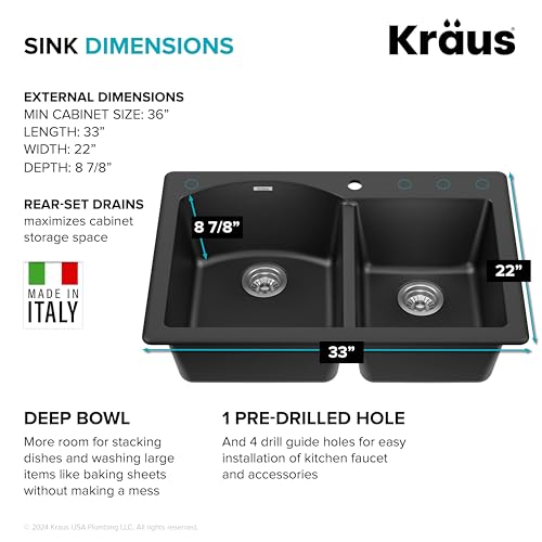 KRAUS Forteza 33-inch Drop In/Undermount 60/40 Double Bowl Granite Kitchen Sink in Black, KGD-50BLACK