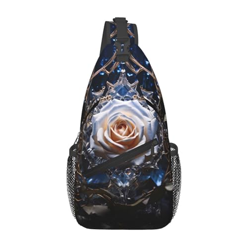 Crystal White Rose Patterned multifunctional crossbody chest bag, suitable for casual hiking, unisex, convenient travel backpack