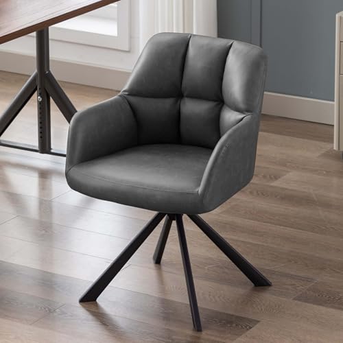 Image of Finch Fox Battle Modern 360 Swivel Mid-Back Arm Faux-Leather Study Upholstered Comfortable Metal Base Computer Office Desk Chair in Dark Grey Color