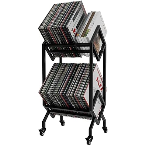 VEDECASA DJ Vinyl Record Storage Holder Rack LP Storage Display Stand with Casters Easy to Move Mobile Book Albums Storage Magazine Holder Office Files Organiser Shelf, black, Industrial Cover