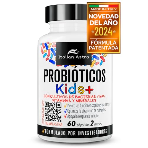 Italian Astra Probioticos Niños Suplemento para Flora Intestinal 60 Cápsulas, Probioticos y Prebioticos Intestinales para Incremento Apetito Niños y Funciones Cognitivas, Bienestar Digestivo
