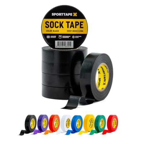 SPORTTAPE 6 Rolls Sock Tape - Black - 1.9cm x 20m | PVC Insulating Tape for Football Soccer & Rugby - Holds up Football Socks Shin Pads & Shin Guards | Secures Lifting Blocks Boots & Ears