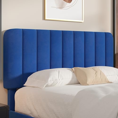 Image of VECELO Queen Size Bed Frame with Upholstered Headboard, Velvet Platform Bedframe Mattress Foundation, Strong Wood Slat Support, No Box Spring Needed,Blue