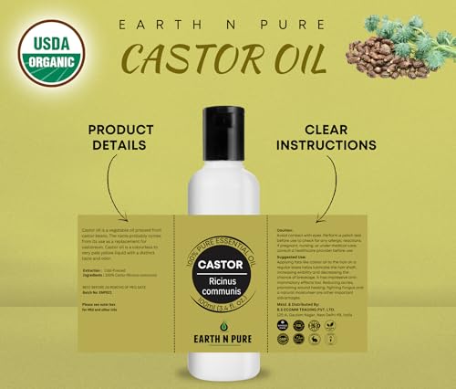 Image of Earth N Pure Castor Oil (Arandi Oil) Cold Pressed, Natural, Therapeutic Grade for Hair Growth, Nails, Eyelash 100 ml