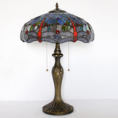 Werfactory Tiffany Table Lamp Blue Orange Stained Glass Dragonfly Style Bedside Lamp 16X16X24 Inches Desk Reading Light Metal Base Decor Bedroom Living Room Home Office S688 Series #TOP6