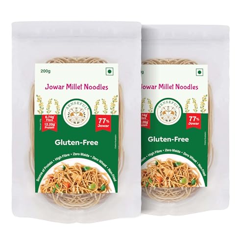 SENSEFUL Jowar (Sorghum) Millet Noodles Pack of 2 - Gluten-Free (Zero Maida & Zero Wheat), 77% Jowar, Source of Protein, High Fibre, Fat-Free, Low Sugar & Non-Fried - 200 gm each