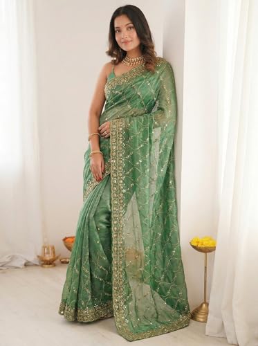 Image of ORHANS Women's Chiffon Saree with Unstitched Blouse Piece Heavy Embroidery Work | Beautiful Saree for Women | Traditional Indian Sari Stylish | Fashionable Saree Modern Design