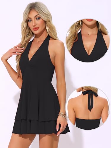 Allegra K Halter Dress for Women's Party Skater Ruffle Backless Slim Fit Short Mini Dresses2