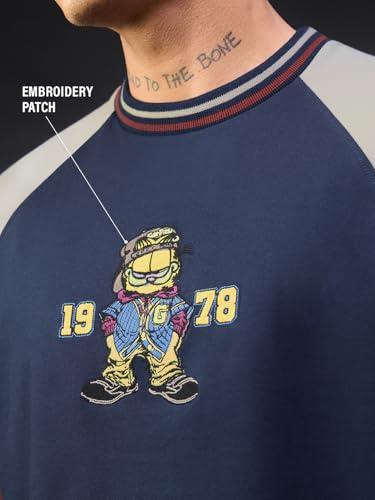 Image of The Souled Store Garfield: Cool Kitty Men and Boys Long Sleeves Round Neck Navy Blue Embroidered Casual Lightweight Drop Shoulder Streetwear Trendy Oversized Full Sleeve T-Shirts