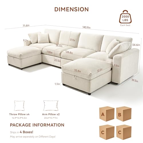Image of Ihanherry 141 inch Oversized Cloud Sectional Couches for Living Room, Modular Sectional Sofa with Wide Deep Seat, U Shaped Couch with Throw Pillow and Storage Ottoman, Beige